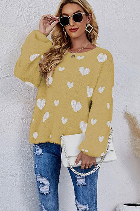 WOMEN OVERSIZED HEART PRINTING CUTE KNIT SWEATER - Doublju