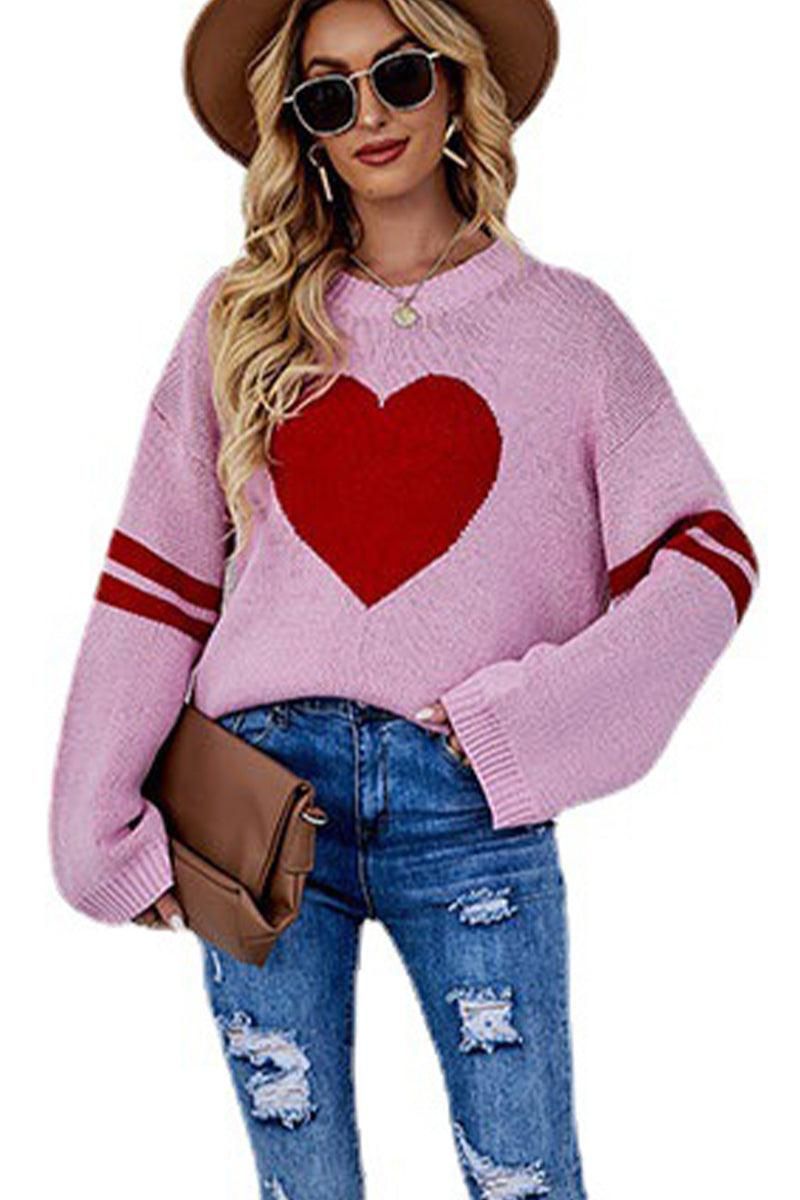 WOMEN OVERSIZED HEART PRINTING RIBBED PULLOVER TOP - Doublju