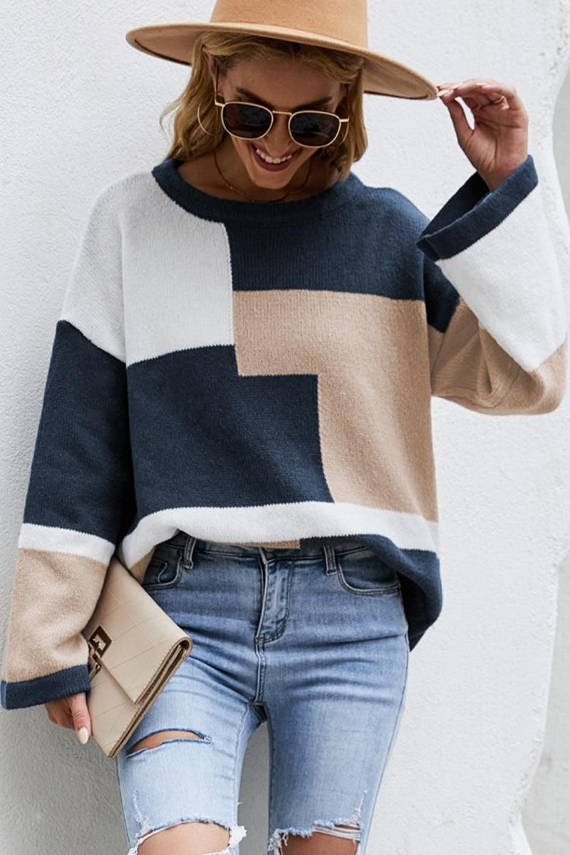WOMEN ROUND NECK LONG SLEEVE KNIT SWEATER - Doublju