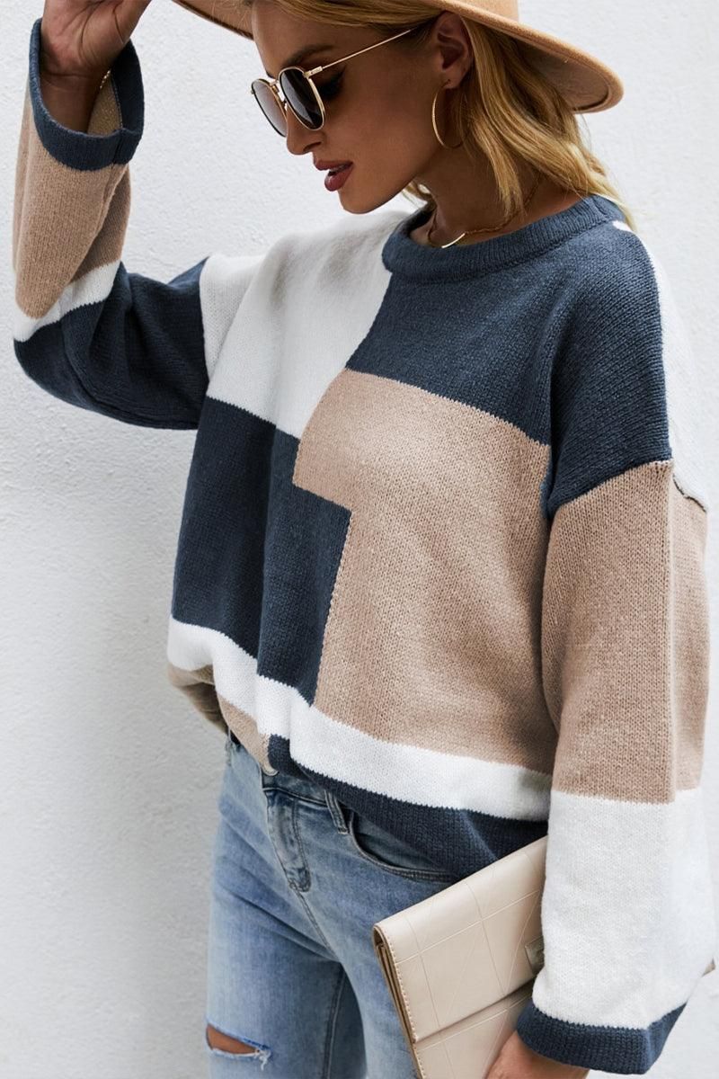 WOMEN ROUND NECK LONG SLEEVE KNIT SWEATER - Doublju