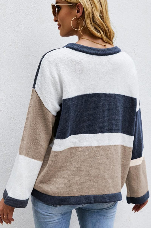 WOMEN ROUND NECK LONG SLEEVE KNIT SWEATER - Doublju