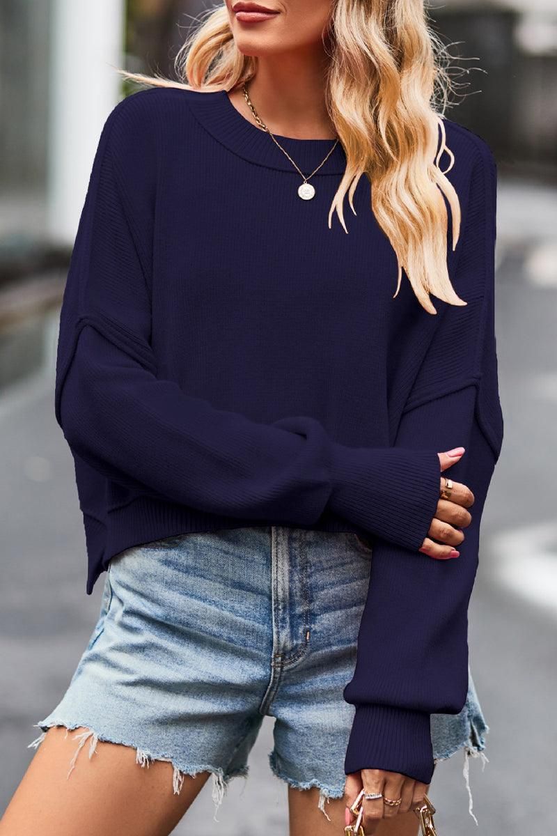 WOMEN OVERSIZED SHORT HEM CREW NECK JUMPER TOP - Doublju