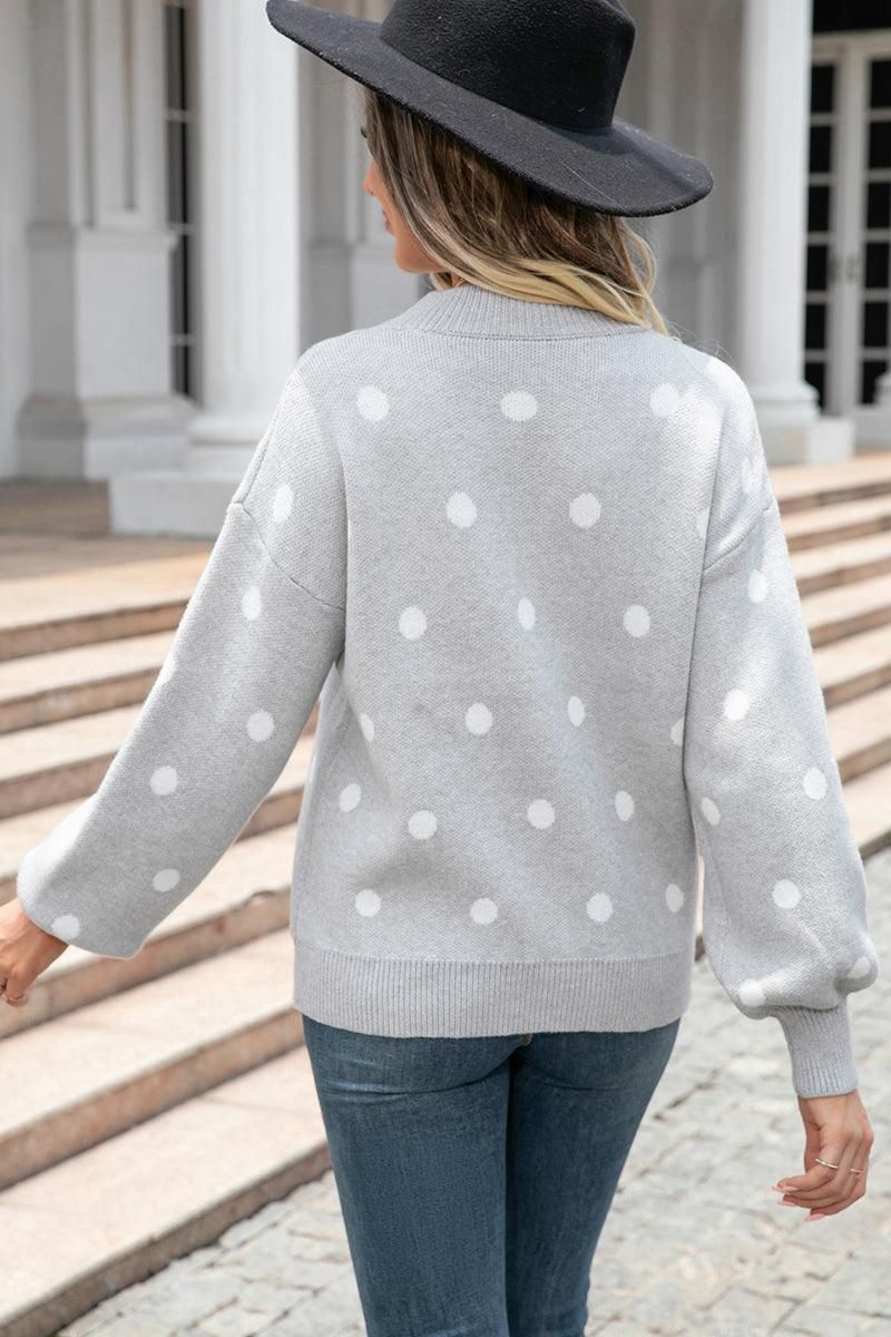 RIBBED NECK POLKADOT PRINTING PULLOVER SWEATER - Doublju