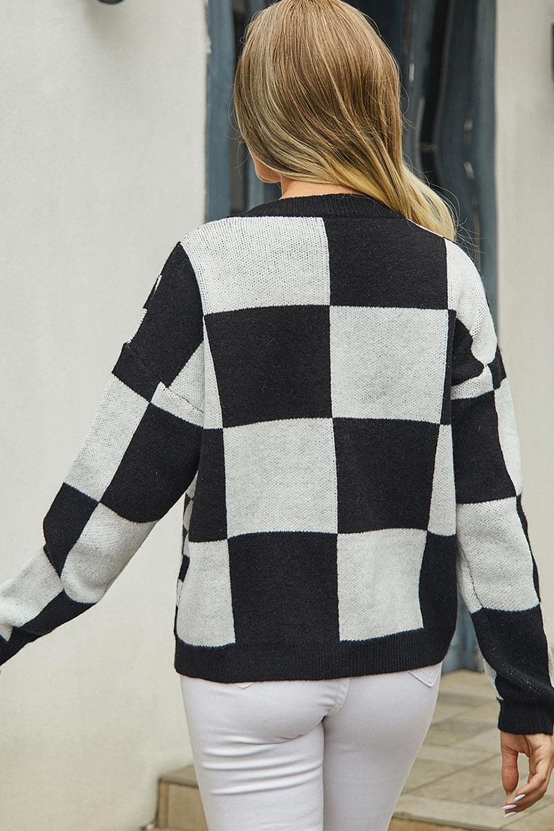 PLAID PATTERN BUTTONED KNIT CARDIGAN FOR WOMEN - Doublju