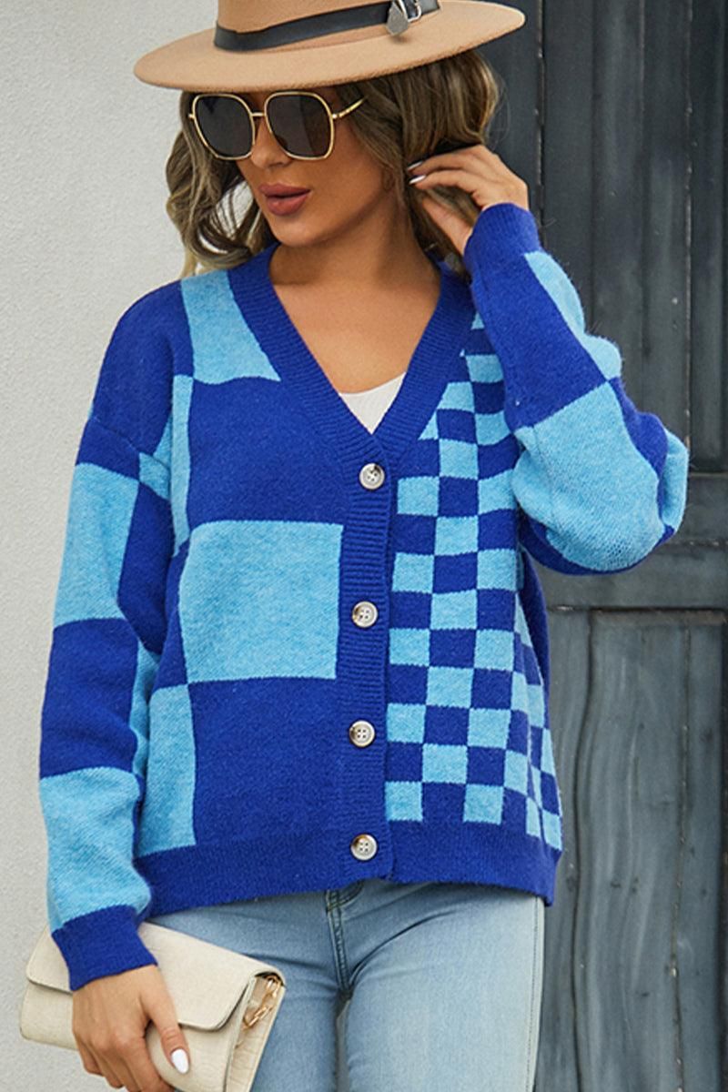 PLAID PATTERN BUTTONED KNIT CARDIGAN FOR WOMEN - Doublju