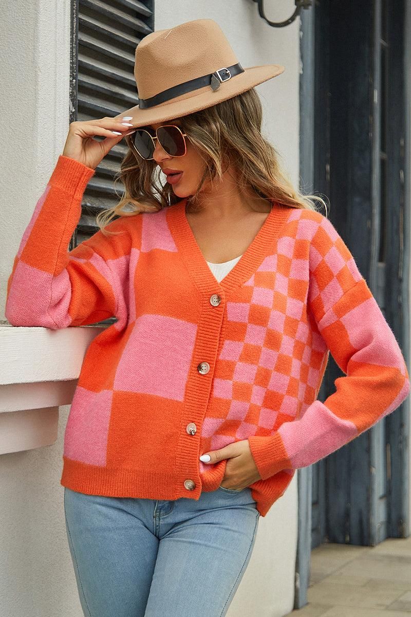 PLAID PATTERN BUTTONED KNIT CARDIGAN FOR WOMEN - Doublju