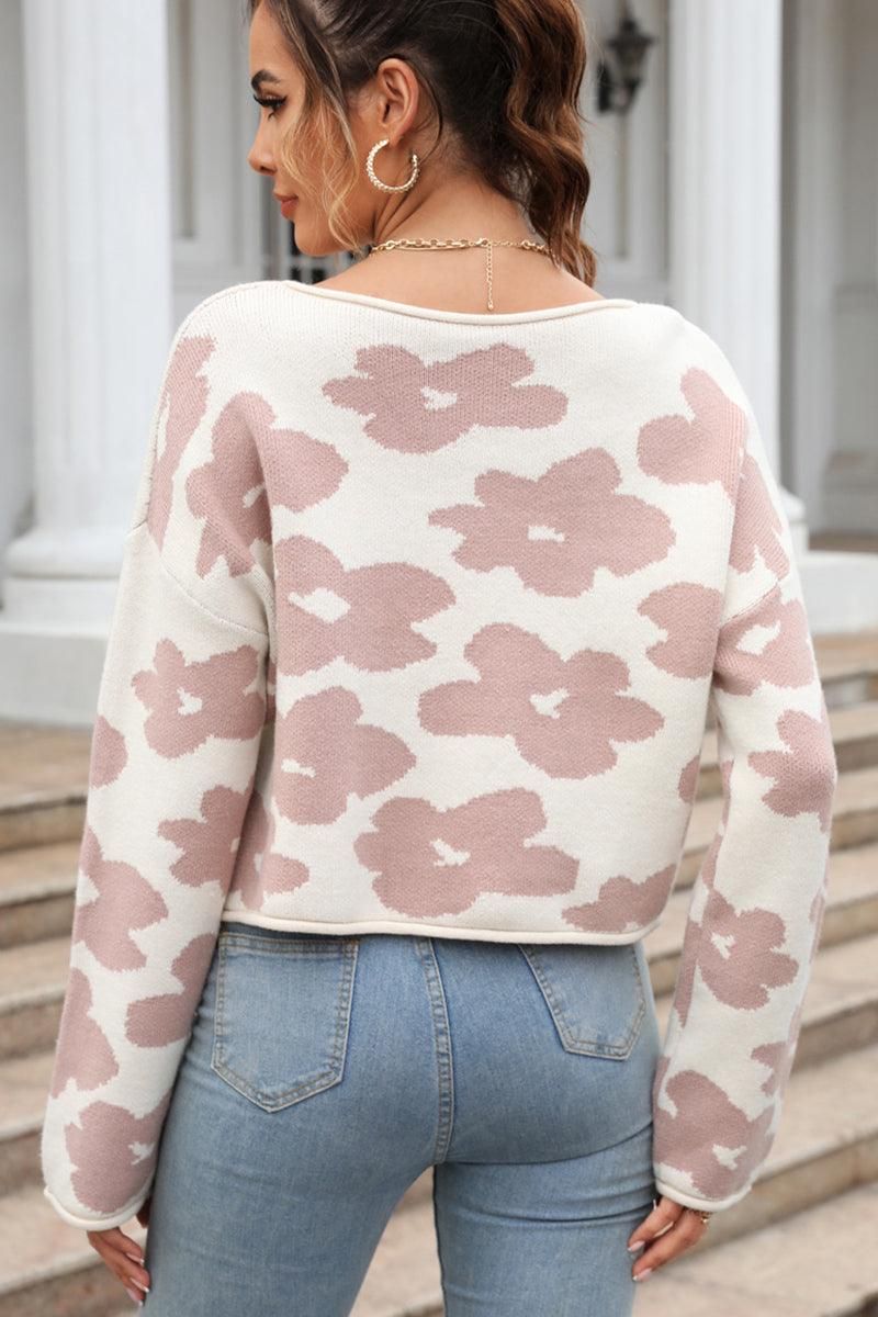 FLOWER PRINTING LOOSE FIT SHORT PULLOVER SWEATER - Doublju