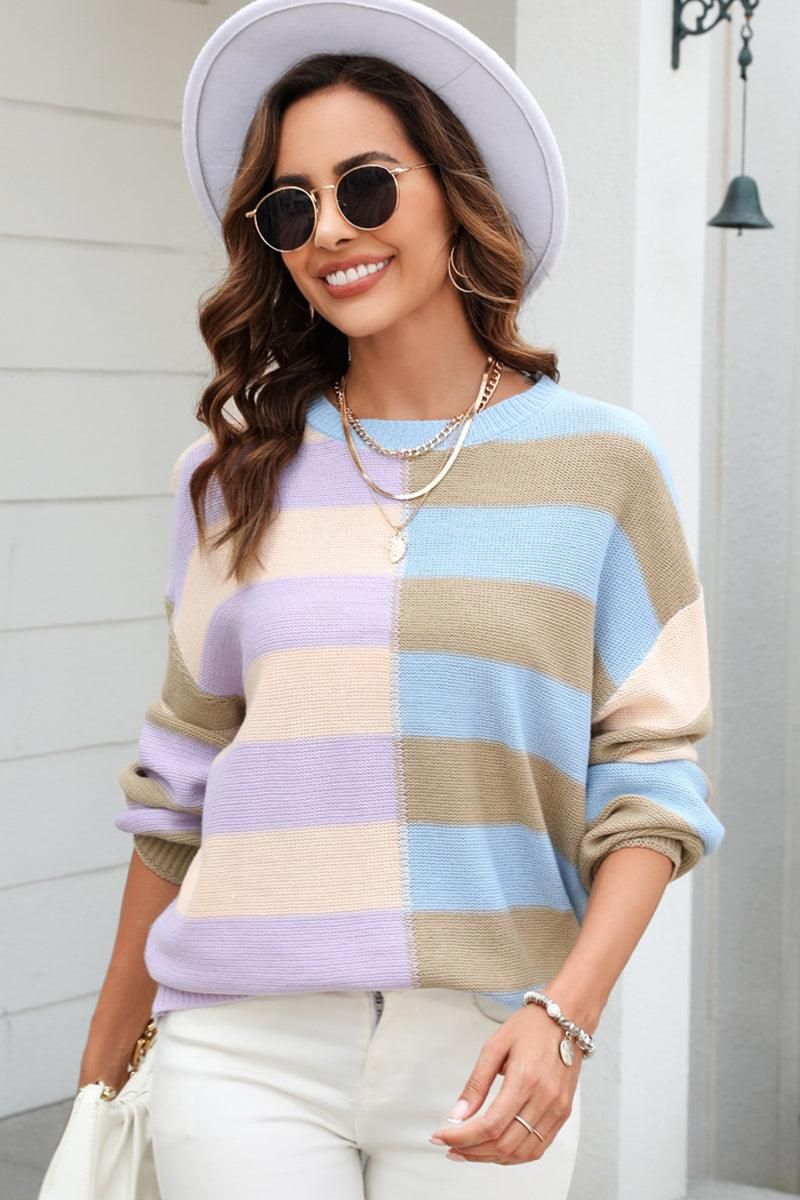SPLICED STRIPED LOOSE KNIT PULLOVER SWEATER - Doublju