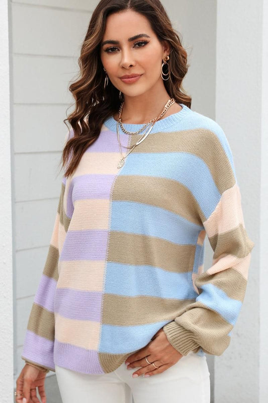SPLICED STRIPED LOOSE KNIT PULLOVER SWEATER - Doublju