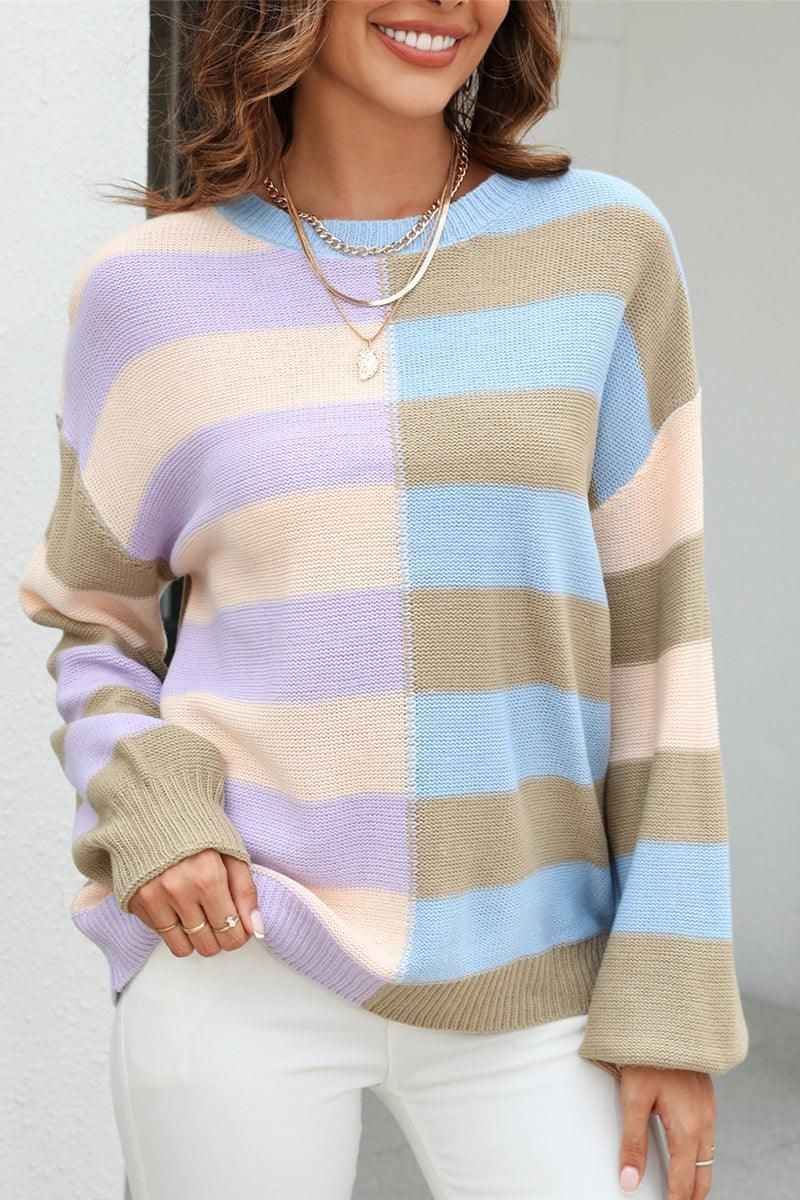 SPLICED STRIPED LOOSE KNIT PULLOVER SWEATER - Doublju