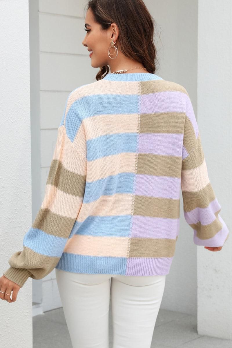 SPLICED STRIPED LOOSE KNIT PULLOVER SWEATER - Doublju