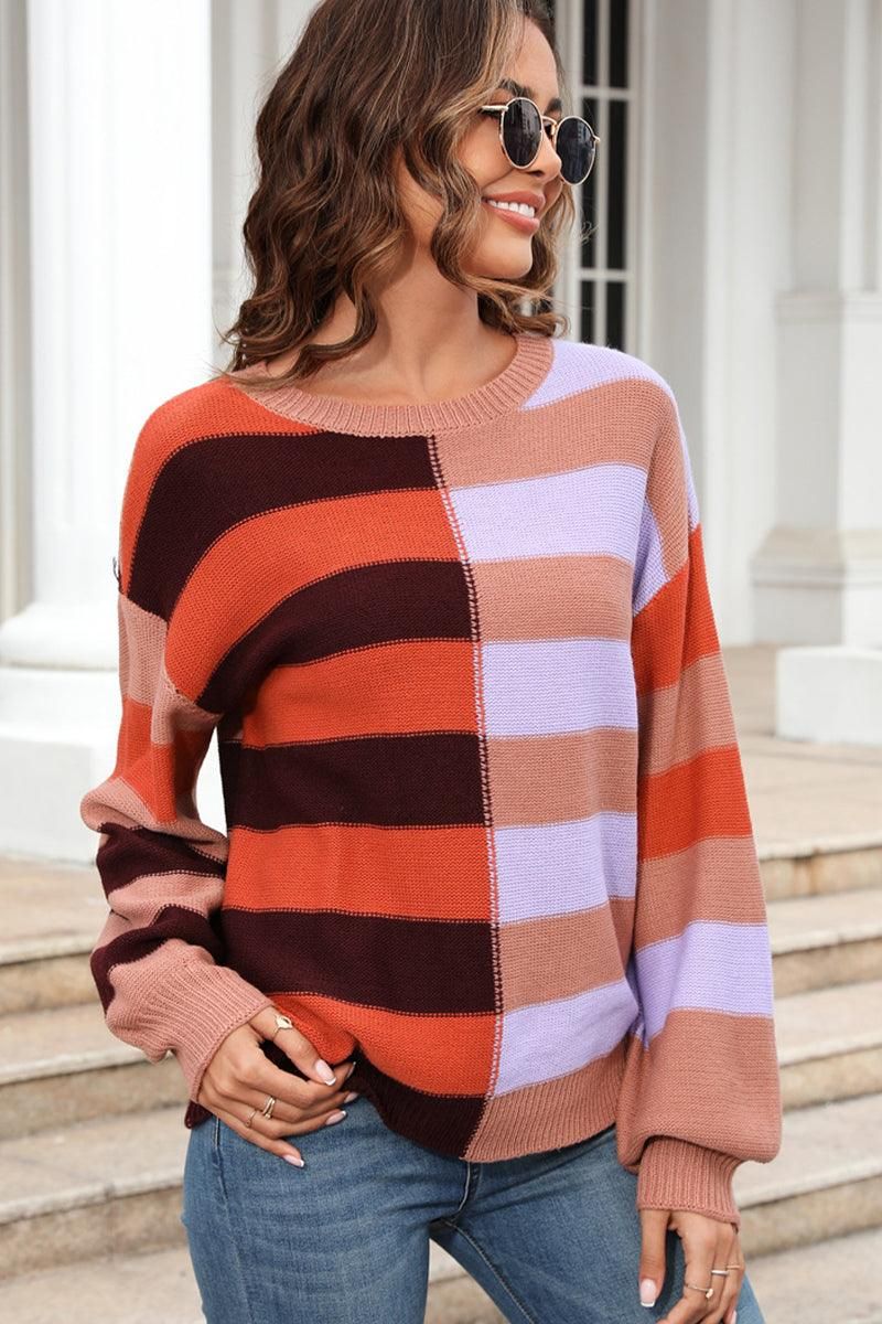 SPLICED STRIPED LOOSE KNIT PULLOVER SWEATER - Doublju