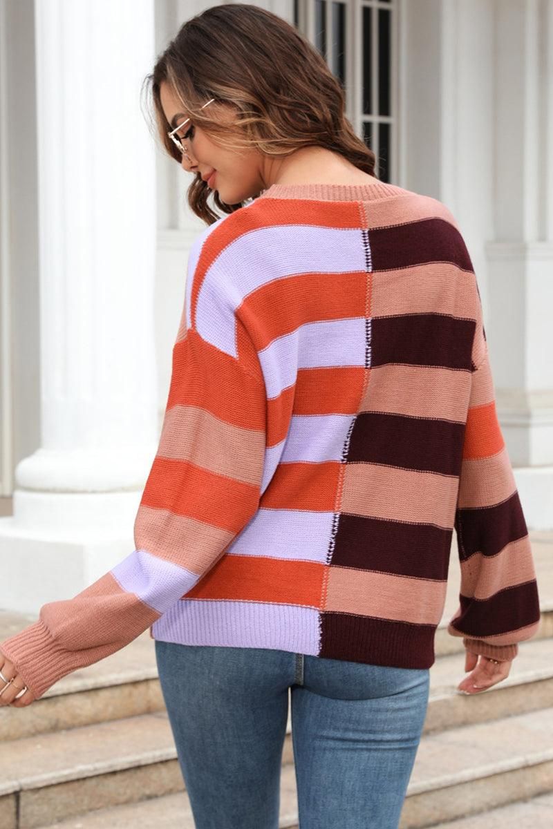 SPLICED STRIPED LOOSE KNIT PULLOVER SWEATER - Doublju
