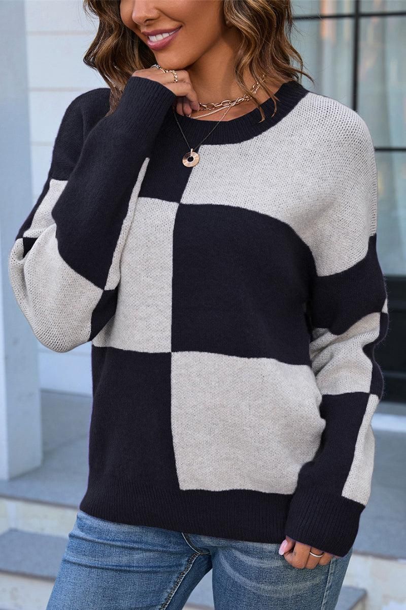 PLAID BLOCKED RIBBED PULLOVER SWEATER - Doublju