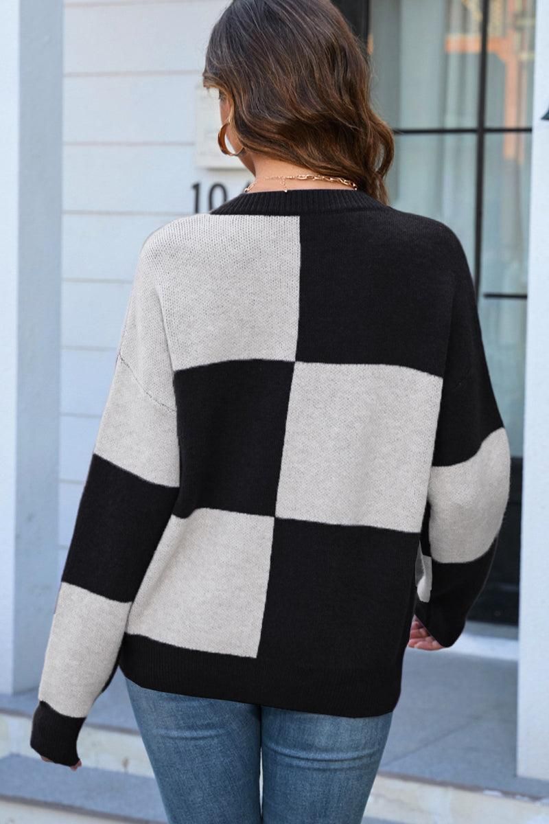 PLAID BLOCKED RIBBED PULLOVER SWEATER - Doublju