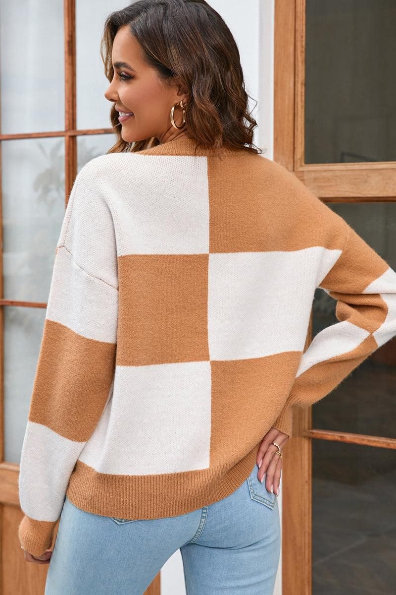 PLAID BLOCKED RIBBED PULLOVER SWEATER - Doublju