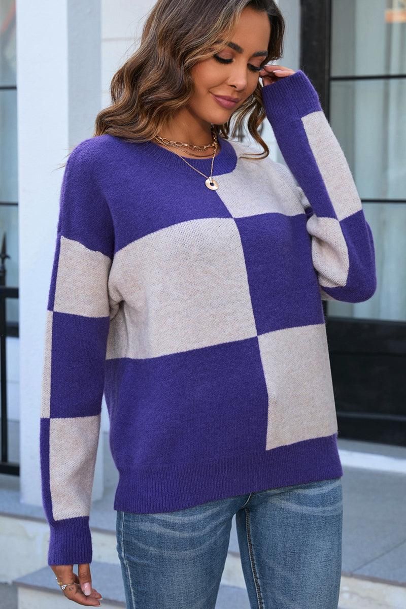 PLAID BLOCKED RIBBED PULLOVER SWEATER - Doublju