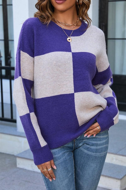 PLAID BLOCKED RIBBED PULLOVER SWEATER - Doublju
