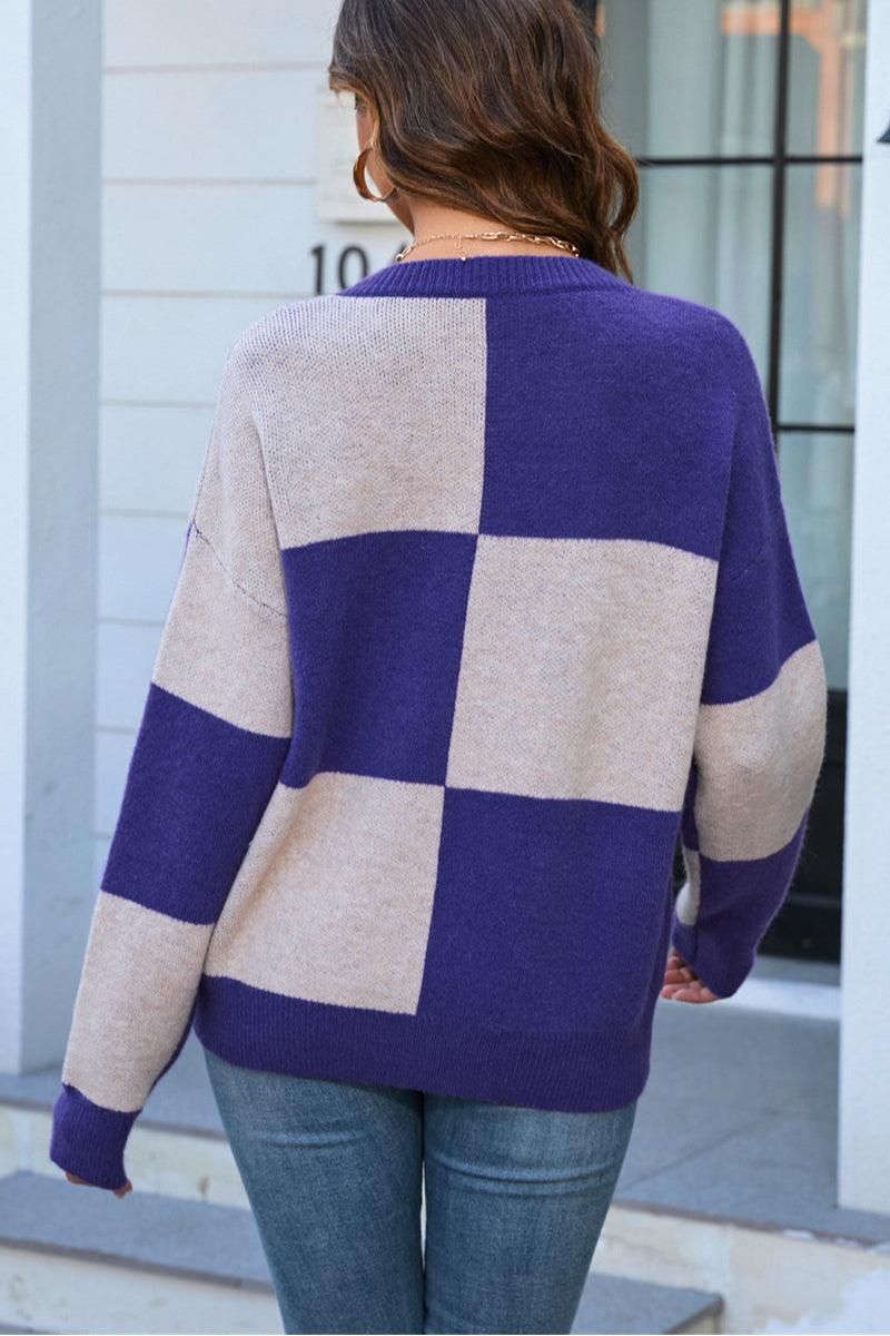 PLAID BLOCKED RIBBED PULLOVER SWEATER - Doublju