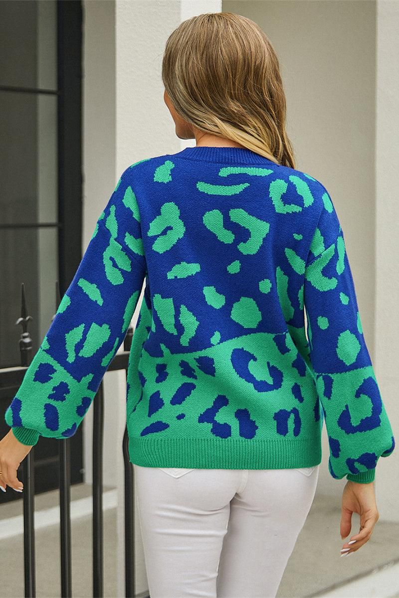 LEOPARD PRINTING LONG SLEEVE CASUAL SWEATER - Doublju