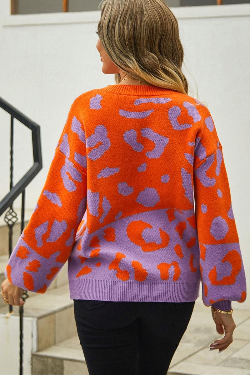 LEOPARD PRINTING LONG SLEEVE CASUAL SWEATER - Doublju