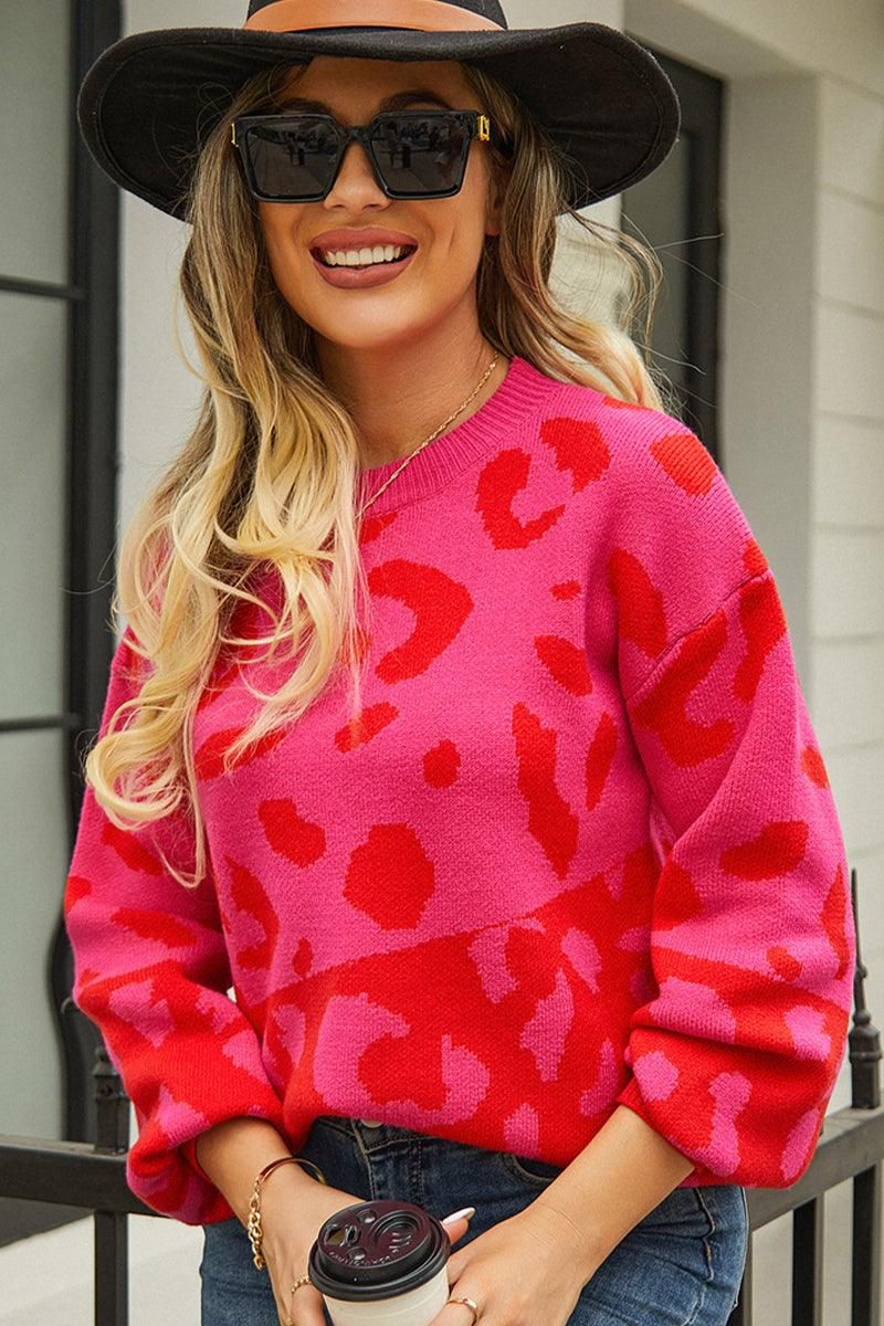 LEOPARD PRINTING LONG SLEEVE CASUAL SWEATER - Doublju