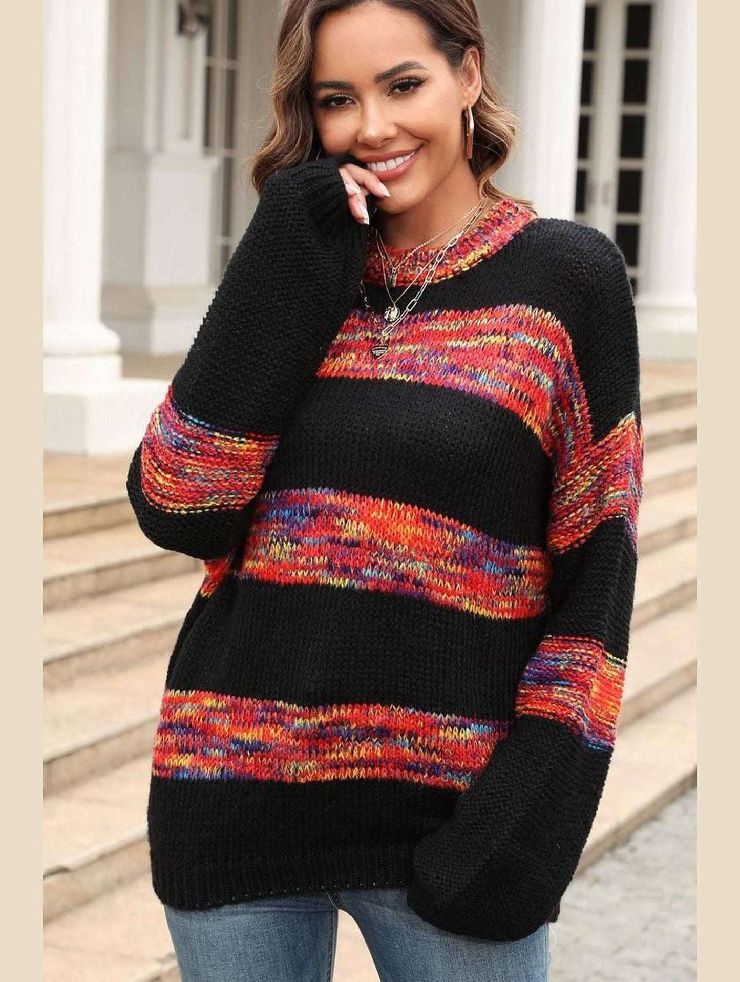 COLOR BLOCK OVERSIZED LOOSE FIT PULLOVER SWEATER - Doublju