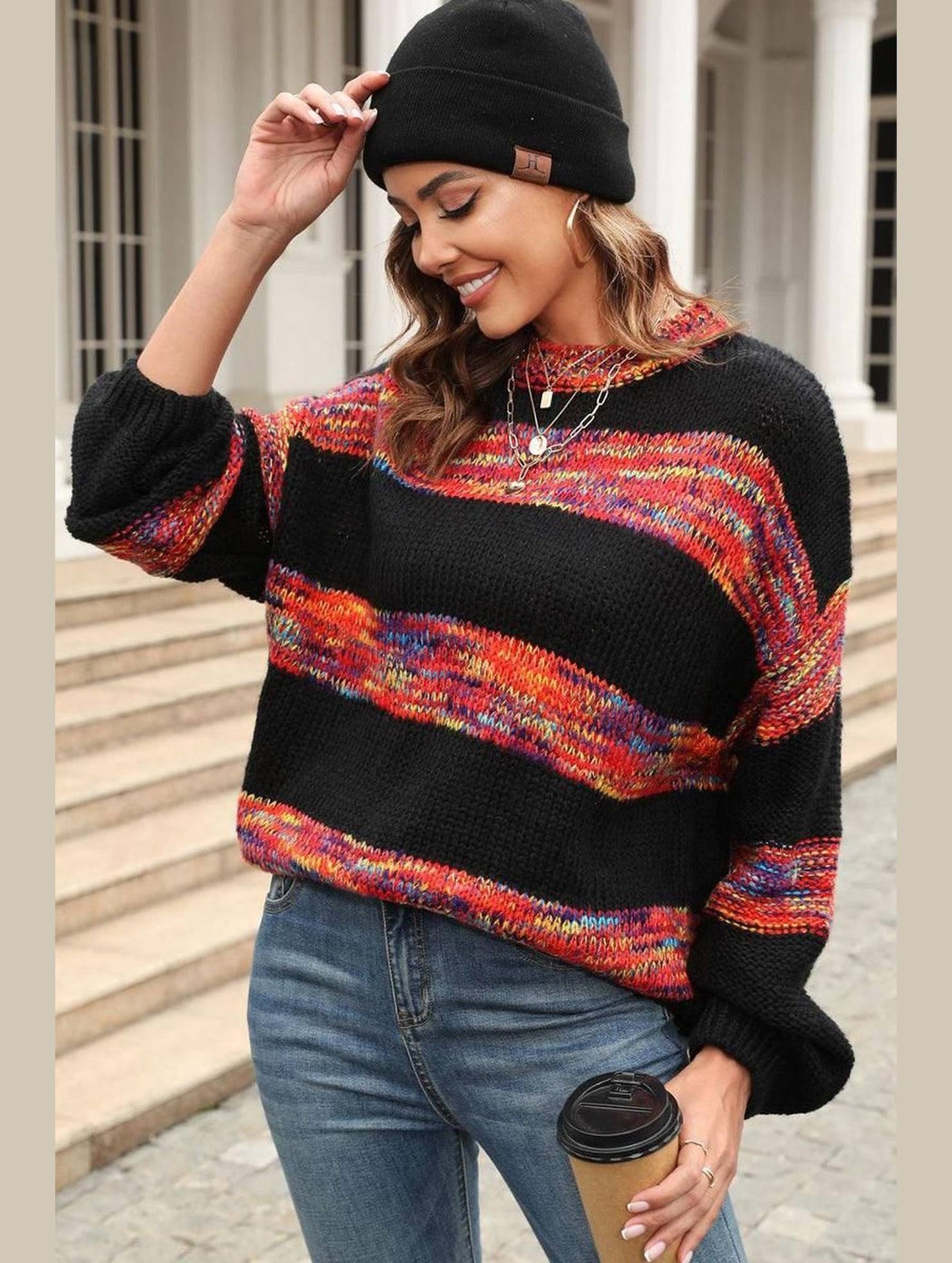 COLOR BLOCK OVERSIZED LOOSE FIT PULLOVER SWEATER - Doublju