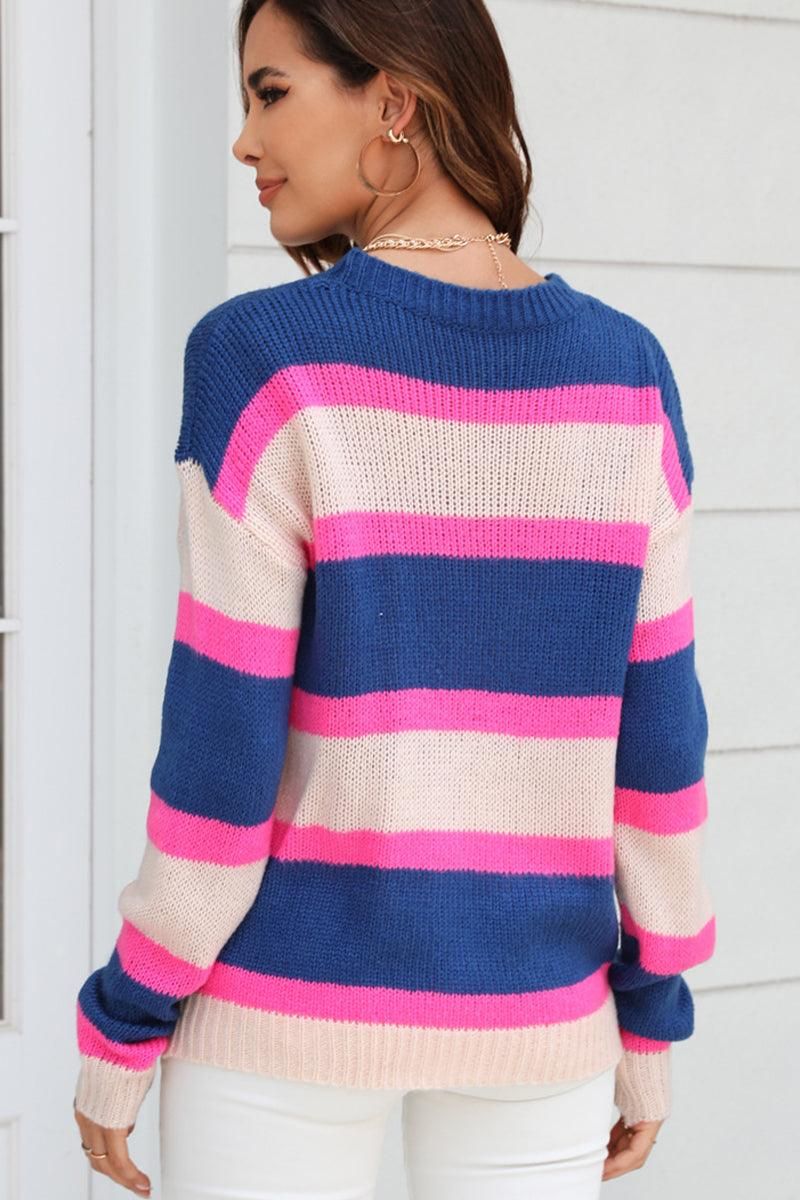 WOMENS COLOR STRIPE CASUAL SWEATER TOP - Doublju