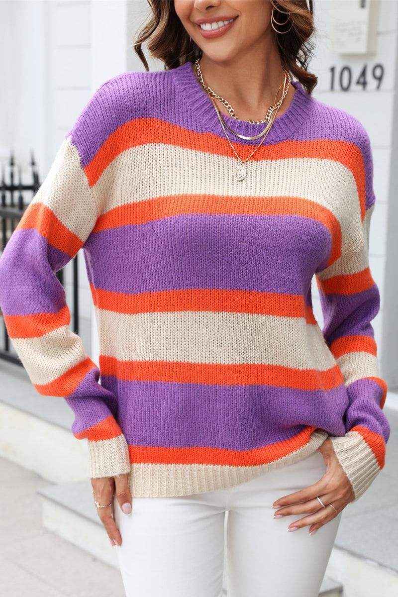 WOMENS COLOR STRIPE CASUAL SWEATER TOP - Doublju