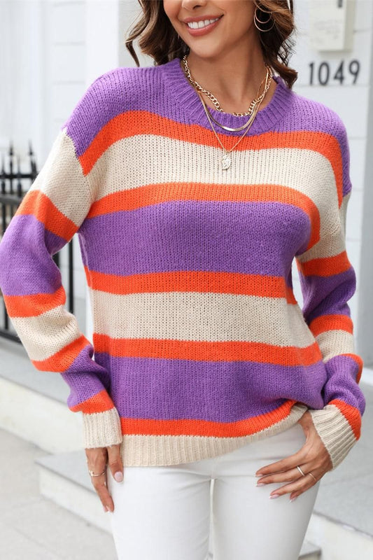 WOMENS COLOR STRIPE CASUAL SWEATER TOP - Doublju