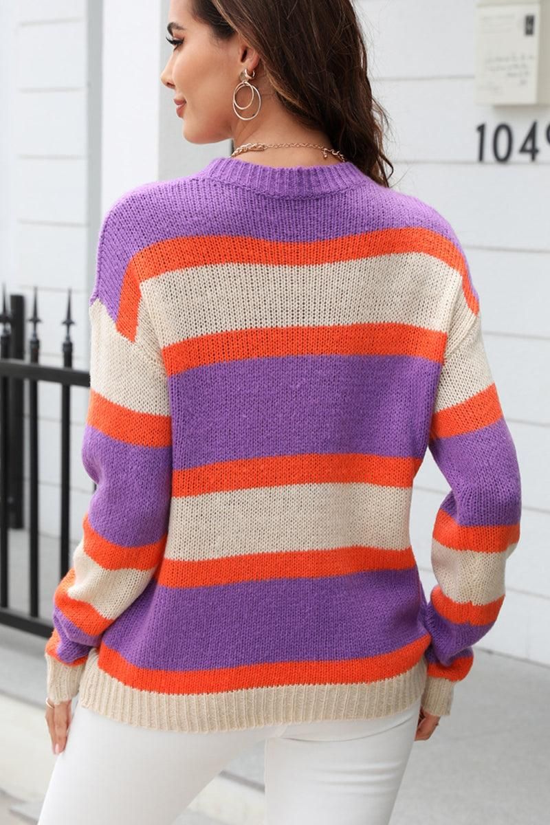 WOMENS COLOR STRIPE CASUAL SWEATER TOP - Doublju