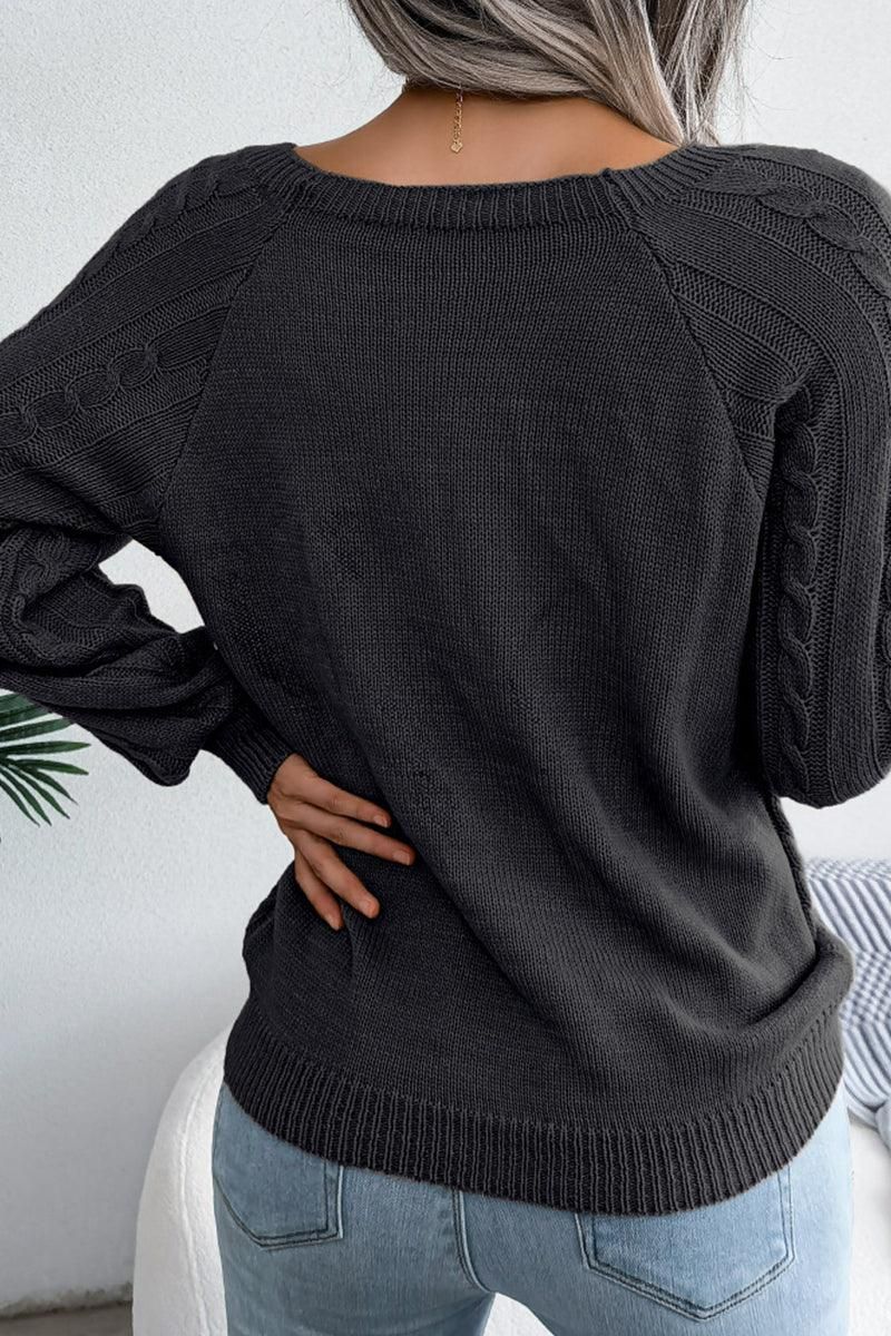 CABLE KNIT BUTTON DETAILED PULLOVER SWEATER - Doublju