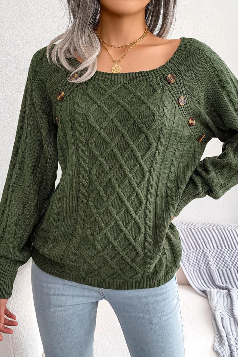 CABLE KNIT BUTTON DETAILED PULLOVER SWEATER - Doublju