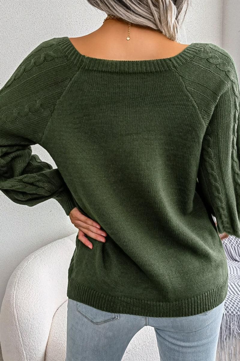 CABLE KNIT BUTTON DETAILED PULLOVER SWEATER - Doublju