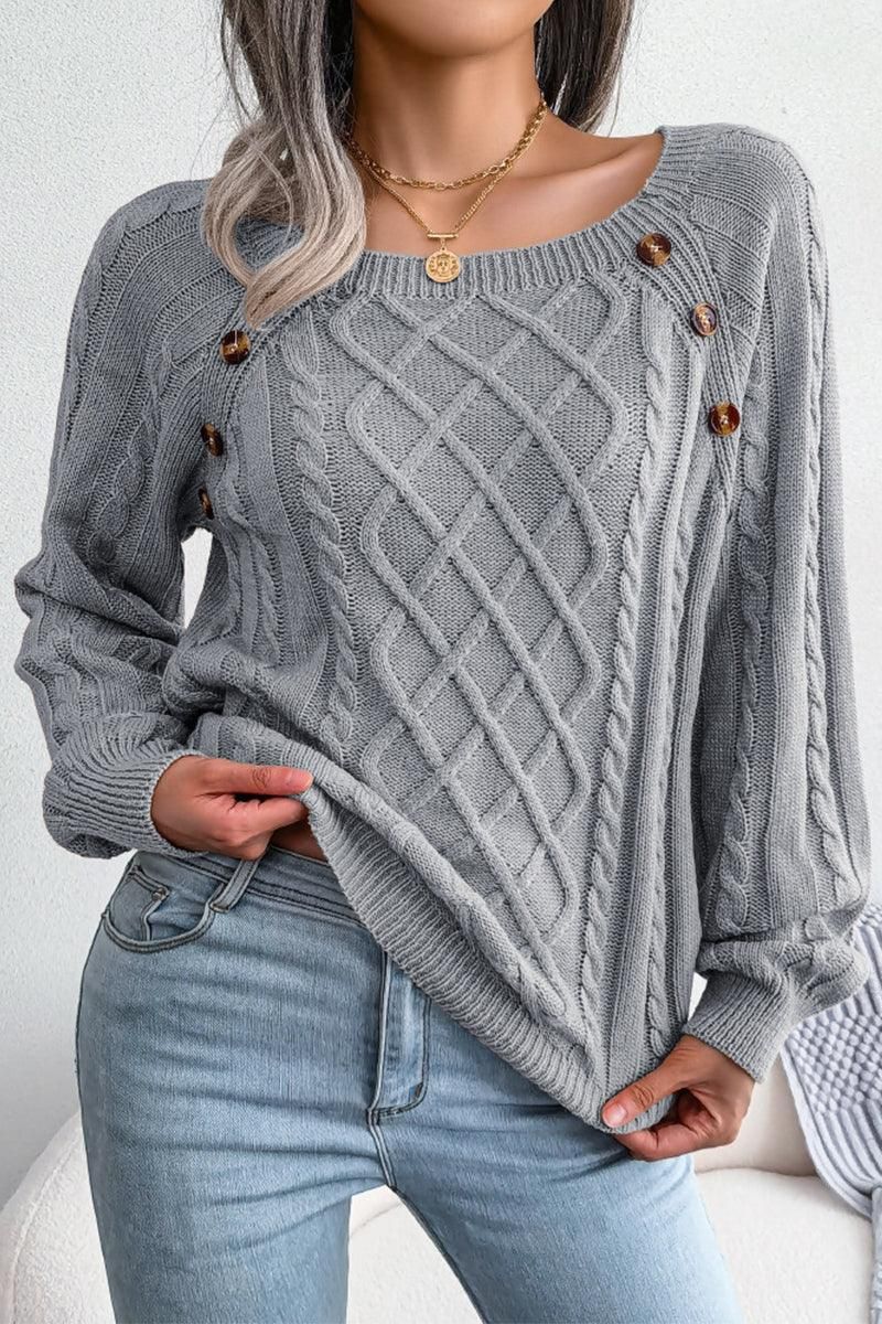 CABLE KNIT BUTTON DETAILED PULLOVER SWEATER - Doublju