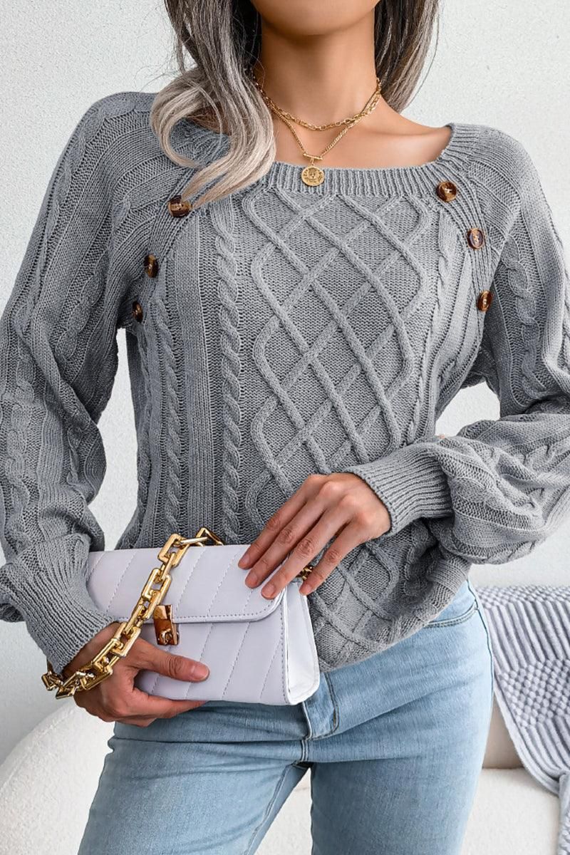 CABLE KNIT BUTTON DETAILED PULLOVER SWEATER - Doublju