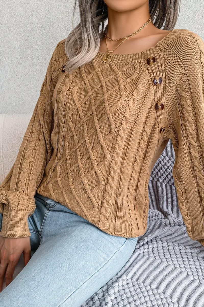 CABLE KNIT BUTTON DETAILED PULLOVER SWEATER - Doublju
