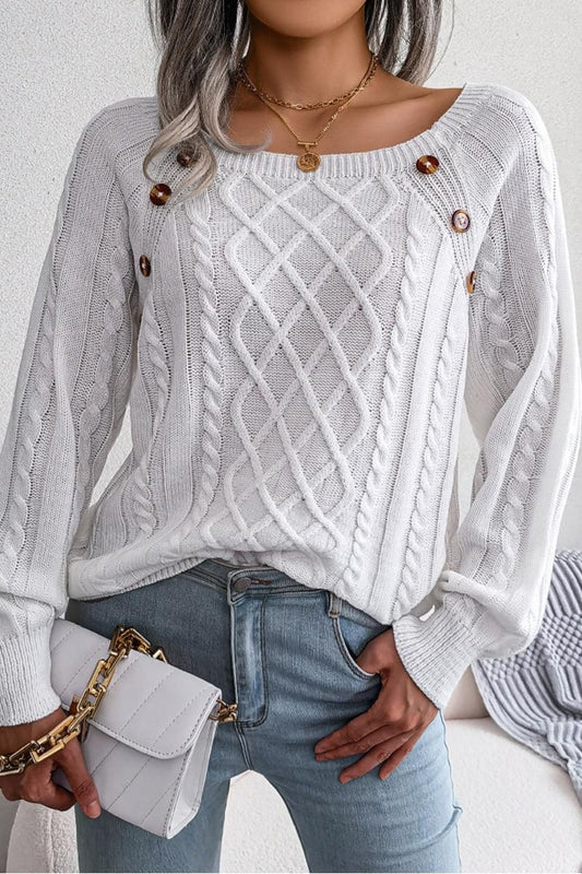 CABLE KNIT BUTTON DETAILED PULLOVER SWEATER - Doublju