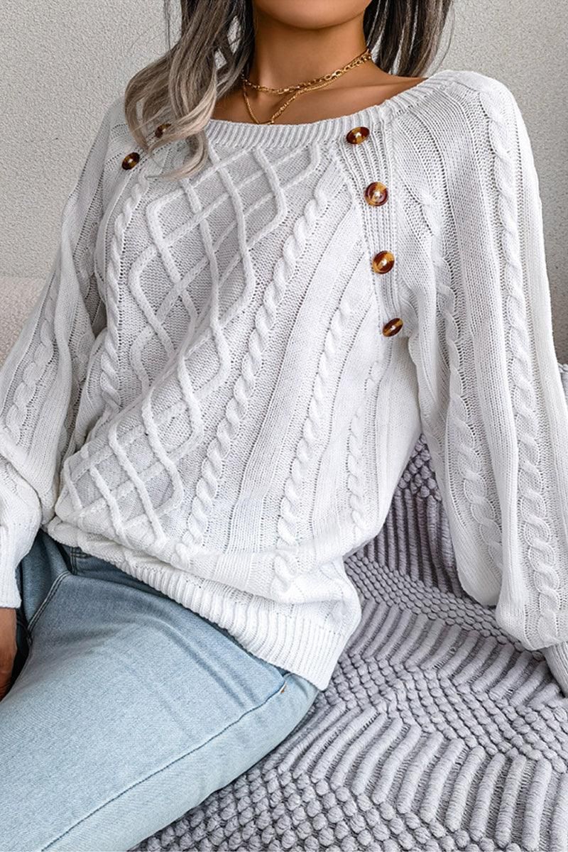 CABLE KNIT BUTTON DETAILED PULLOVER SWEATER - Doublju