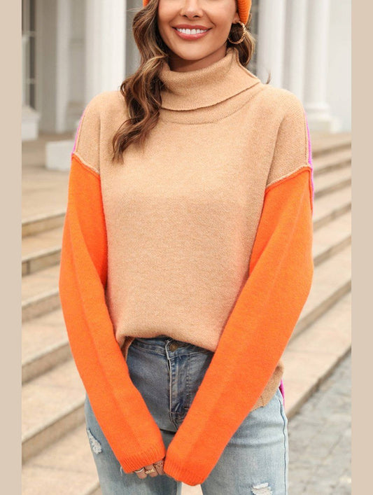 SPLICED FASHION HIGH NECK PULLOVER SWEATER