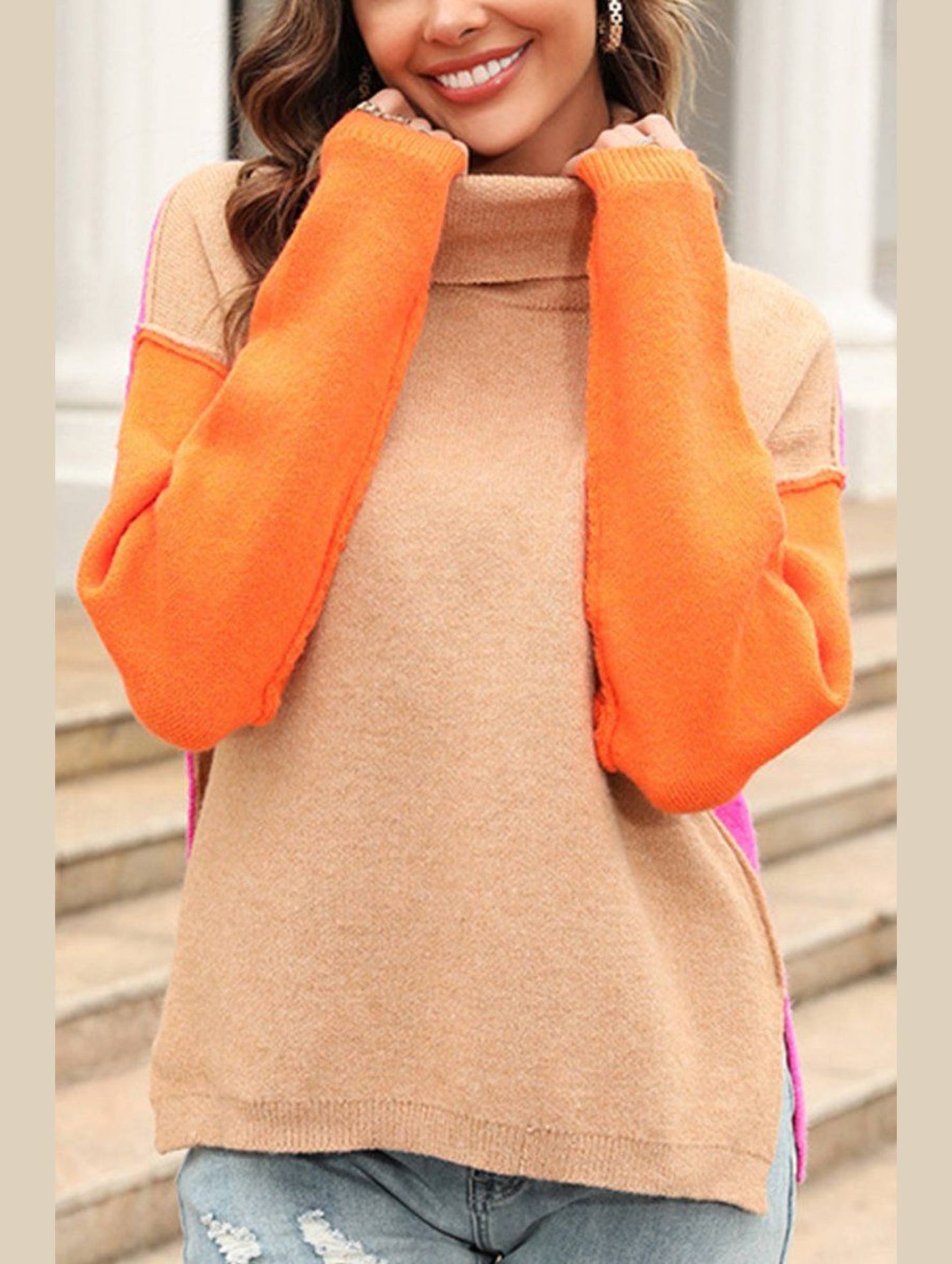 SPLICED FASHION HIGH NECK PULLOVER SWEATER