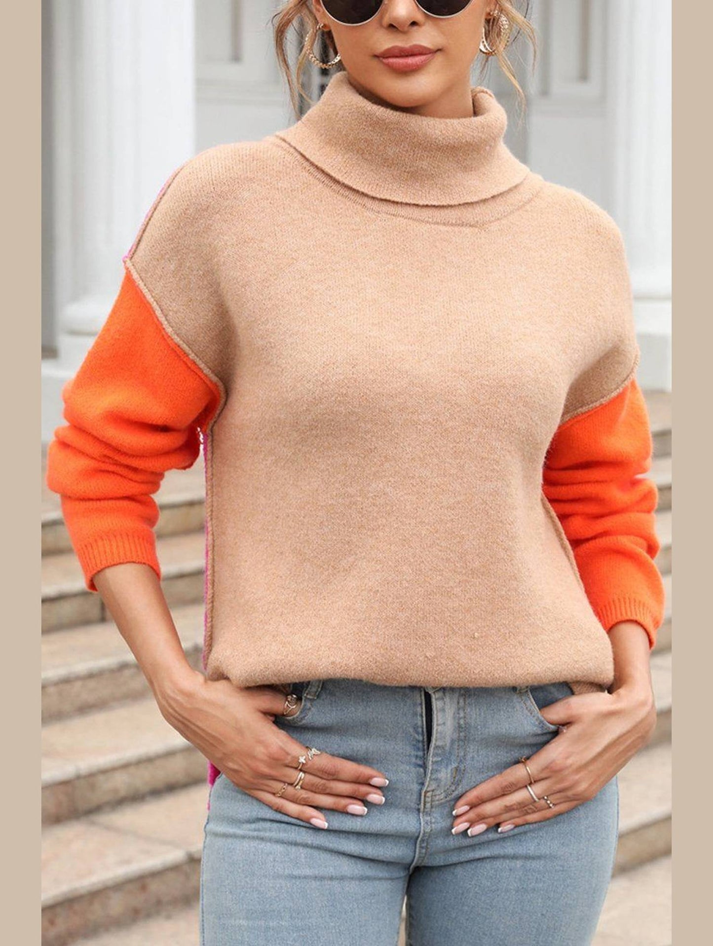 SPLICED FASHION HIGH NECK PULLOVER SWEATER