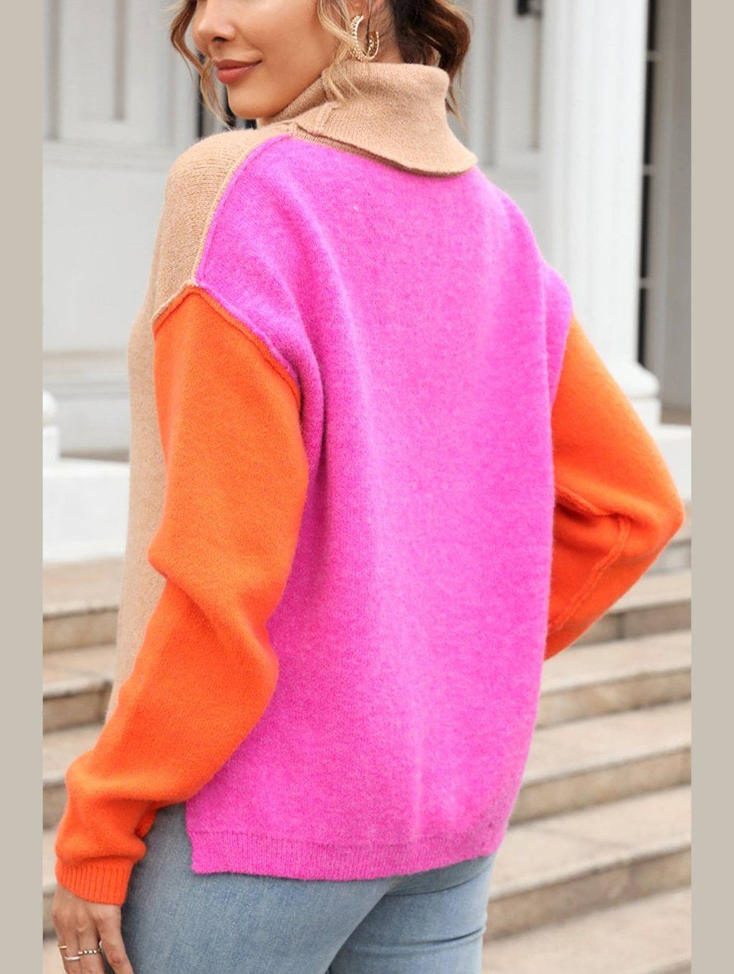 SPLICED FASHION HIGH NECK PULLOVER SWEATER
