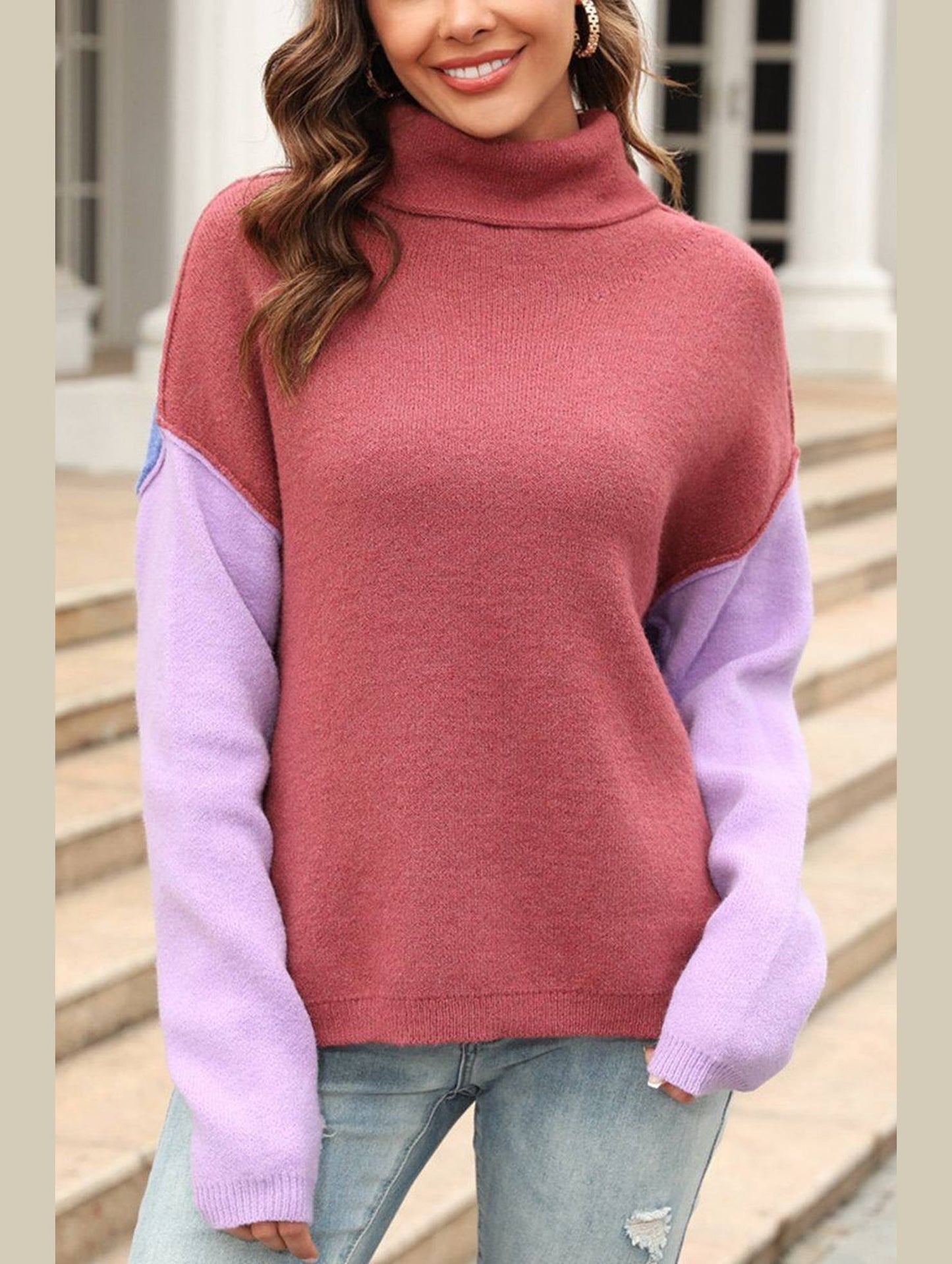 SPLICED FASHION HIGH NECK PULLOVER SWEATER
