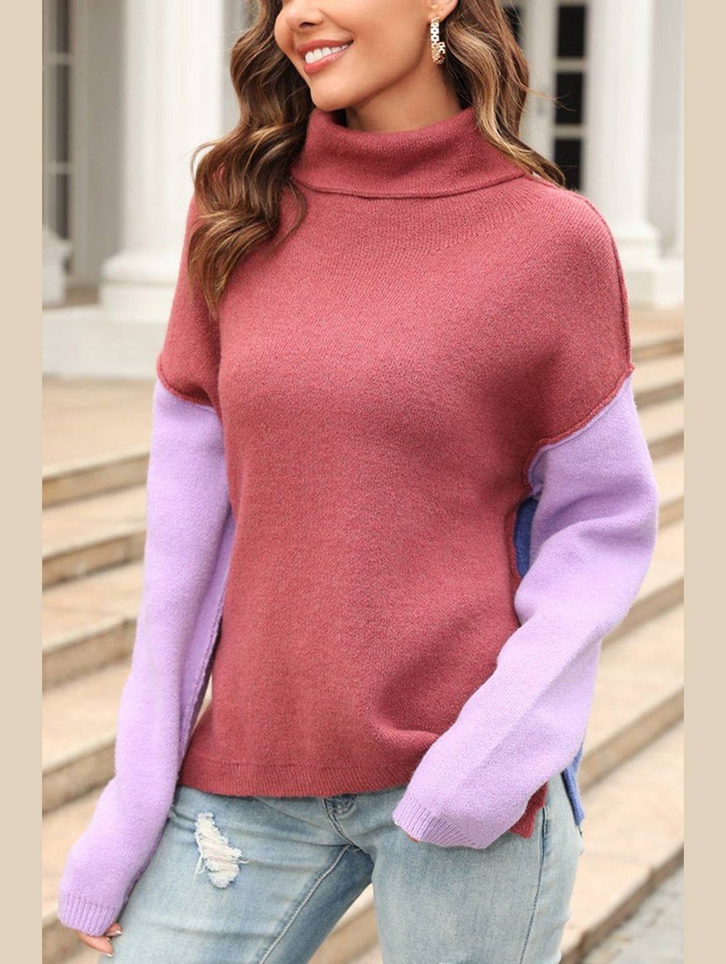 SPLICED FASHION HIGH NECK PULLOVER SWEATER