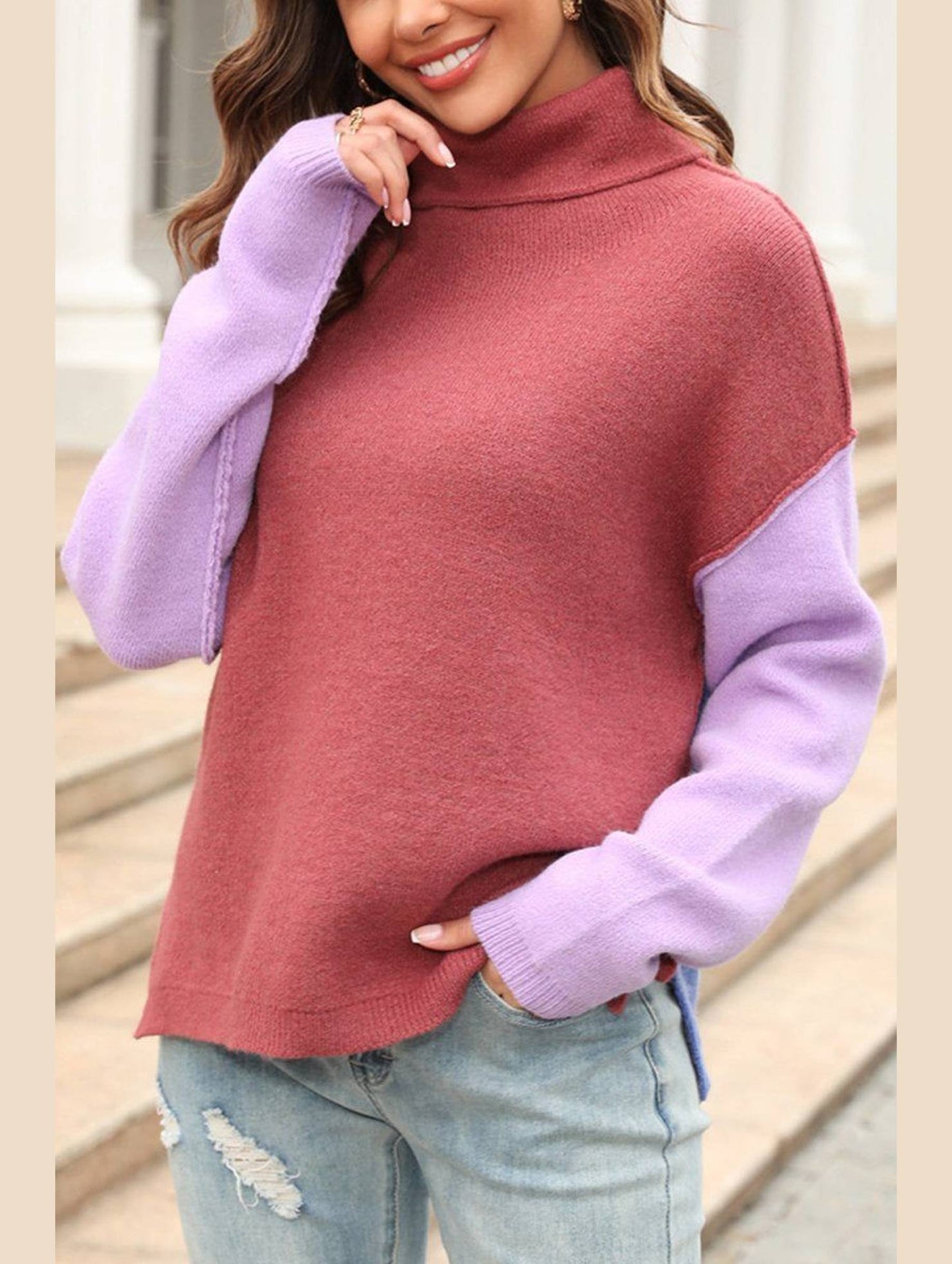 SPLICED FASHION HIGH NECK PULLOVER SWEATER