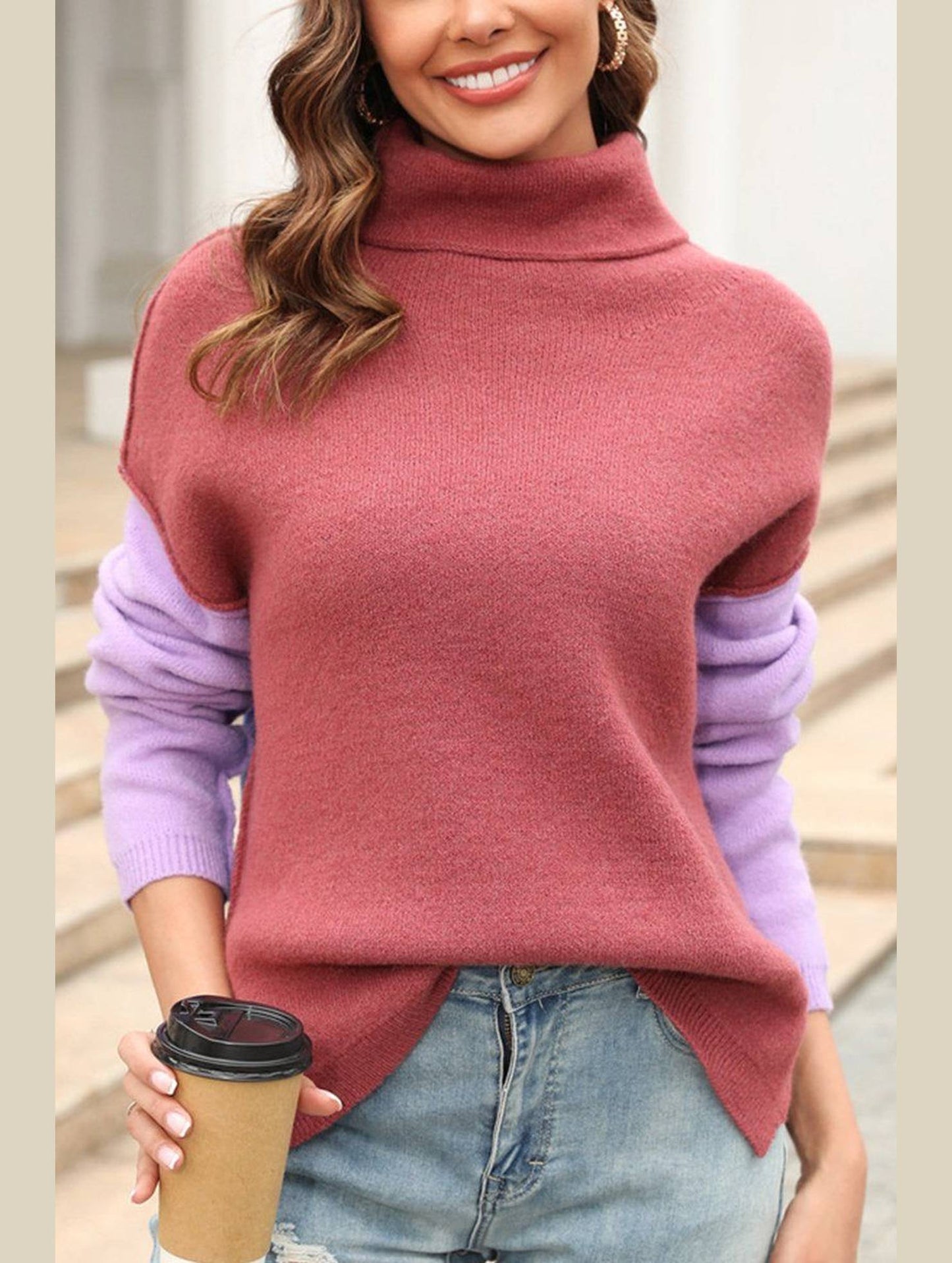 SPLICED FASHION HIGH NECK PULLOVER SWEATER