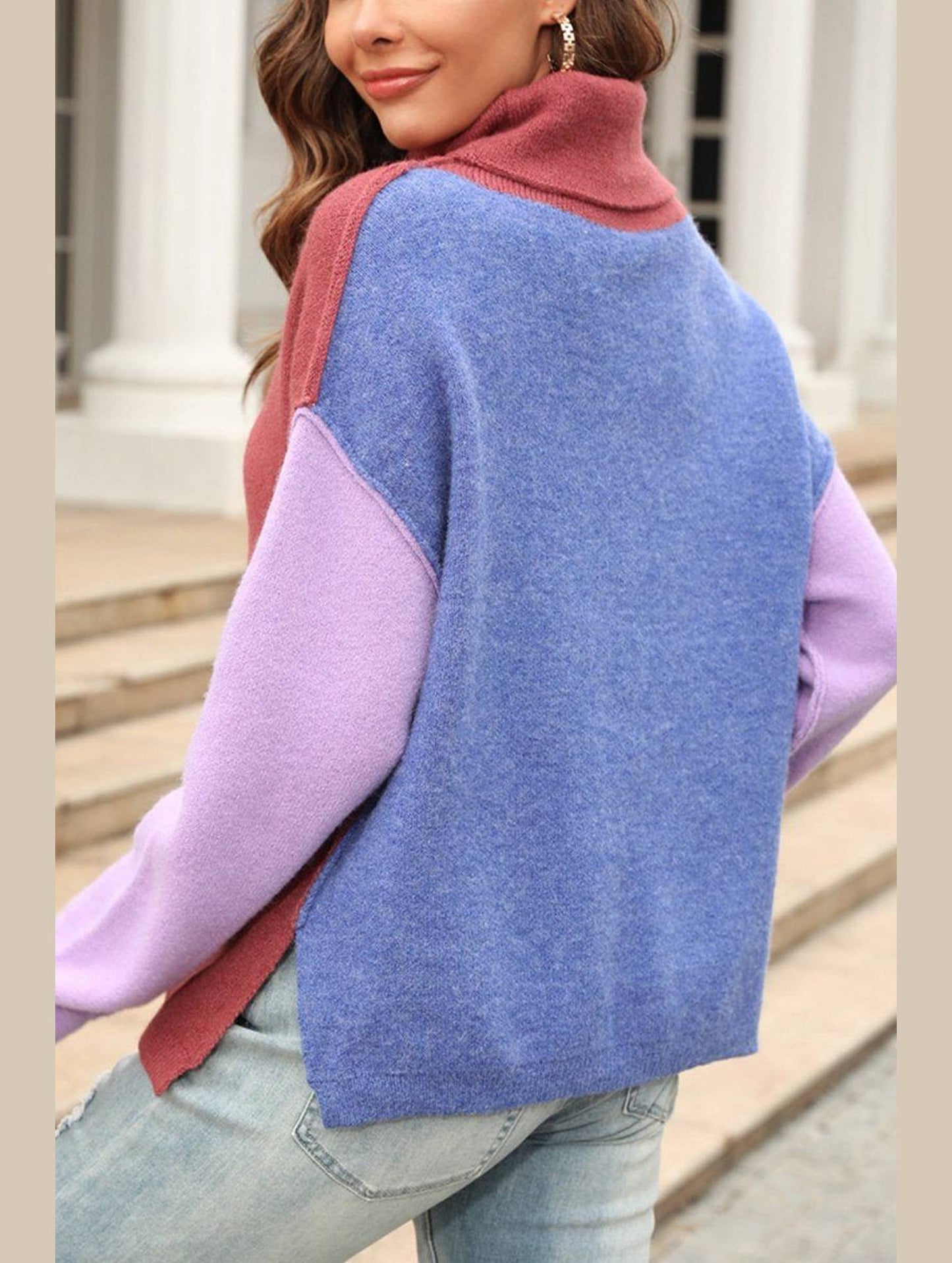 SPLICED FASHION HIGH NECK PULLOVER SWEATER