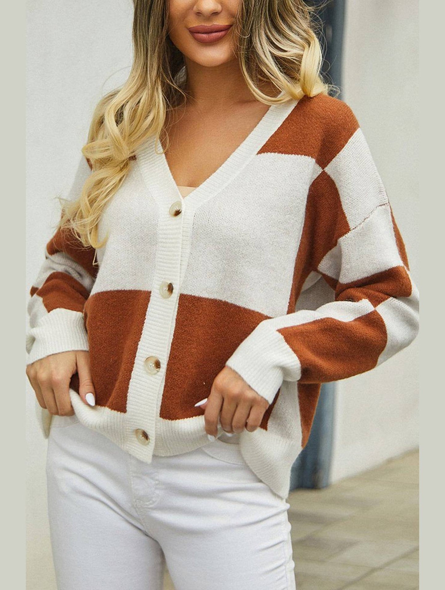 WOMEN PLAID COLOR BLOCK BUTTON UP CARDIGAN